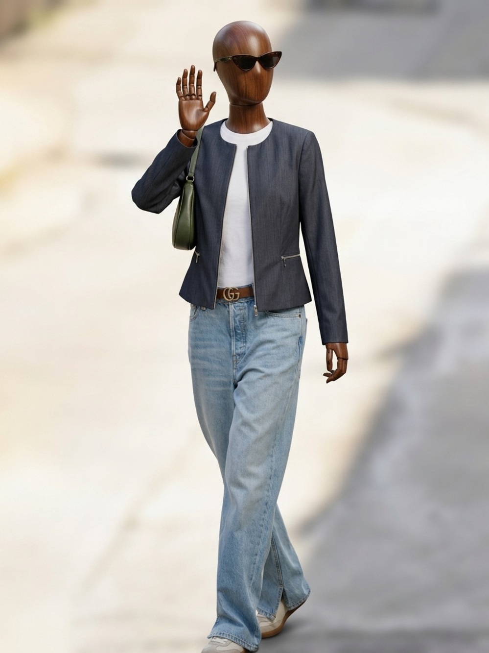 Calvin Klein Collarless Zip-Front Peplum Blazer Jacket Grey Denim-Look Sz 10